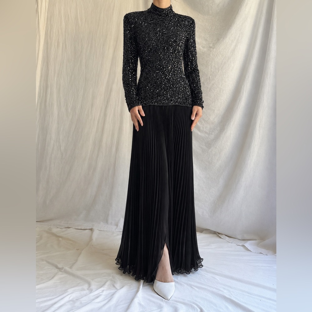 Bob Mackie Vintage sequin Beaded Pleated Black Gown Dress Chet 12